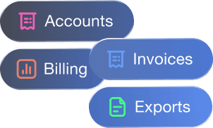 A user interface displaying four rounded buttons with icons and labels: Accounts, Billing, Invoices, and Exports