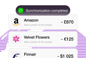 Confirmation message 'Synchronization completed' above a list of synced financial transactions
