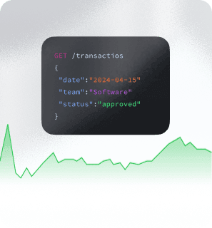 JSON code for a GET transactions request showing date, team, and approved status over a green line graph