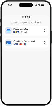 A smartphone with payment methods UI: Bank Transfer, Credit & debit card