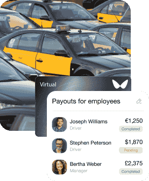 A photo with a taxi company, and an interface with payments to taxi drivers.