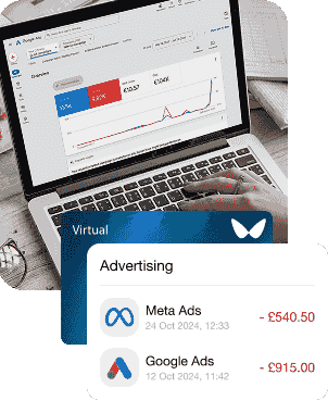A photo with a laptop showing the interface with Google Ads and Facebook ads