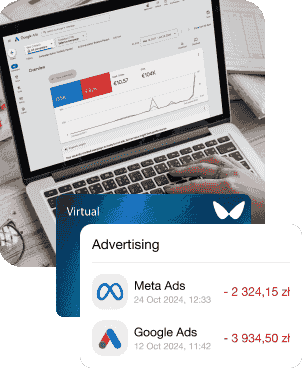 A photo with a laptop showing the interface with Google Ads and Facebook ads