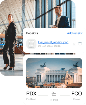 A photo with a man who bought a ticket from Portland to Rome and shows a receipt for this purchase