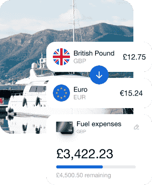 A photo of the yacht and an interface with currency conversion and a fuel purchase transaction.