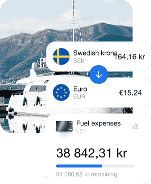 A photo of the yacht and an interface with currency conversion and a fuel purchase transaction.