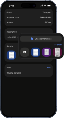 A smartphone with receipt attachment UI