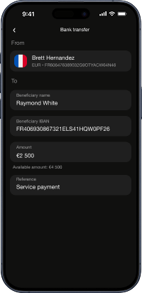 Wallester Business phone UI with a list of accounts