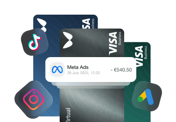 Three Wallester cards, advertising platform logos, and push notifications with expenses