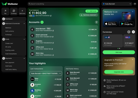 Detailed account balance dashboard in Wallester app on tablet