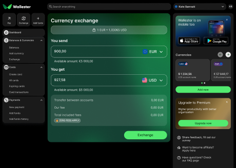 Currency exchange rates and transaction history in Wallester app on tablet
