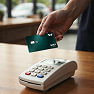 A person holds a card to a payment terminal