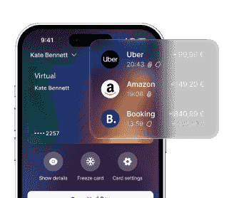 Smartphone with a payment card and a list of transactions