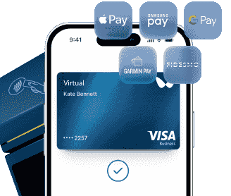 Smartphone with a payment card near a payment terminal and logos of popular digital wallets