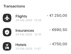List of transactions: expenses for flights, insurance, and hotels with dates and amounts in euros