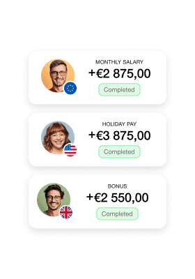 Dashboard screen displaying employee salary cards with monthly salary, holiday pay, bonus amounts, and completion status.